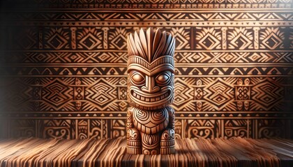 Closeup shot of traditional tiki wooden carved statue, Polynesian, Hawaiian, Māori carvings - obrazy, fototapety, plakaty