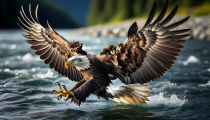 Portrait of Bald eagle trying to catch pray in river, wildlife background, wallpaper 