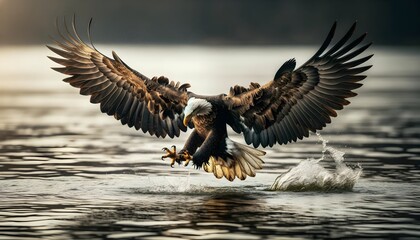 Portrait of Bald eagle trying to catch pray in river, wildlife background, wallpaper  - obrazy, fototapety, plakaty
