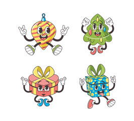 Cool Christmas Groovy Characters. Tree, A Dazzling Disco Diva, Sparkles With Lights And Ornaments, Wrapped Gift Boxes