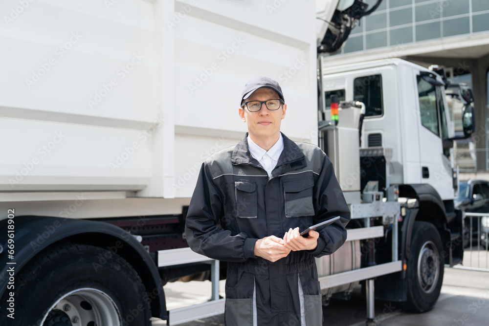 Poster manager with a digital tablet next to garbage truck