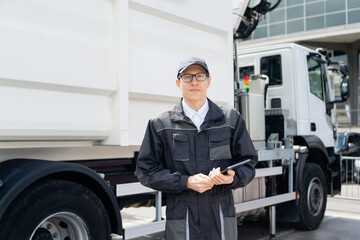 Manager with a digital tablet next to garbage truck