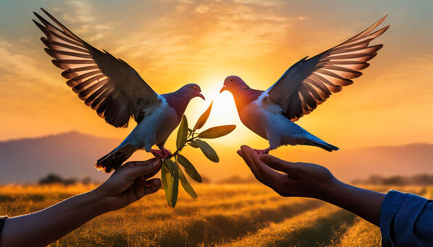 Silhouette pigeon flying carry olive branch two hands in air vibrant sunlight sunset sunrise background. Freedom making merit concept. Animal people hope pray holy faith