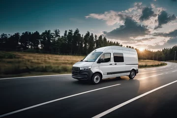 Foto op Plexiglas White modern delivery small shipment cargo courier van moving fast on motorway road to city urban suburb. Business distribution and logistics express service © Marko