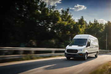 White modern delivery small shipment cargo courier van moving fast on motorway road to city urban suburb. Business distribution and logistics express service - obrazy, fototapety, plakaty