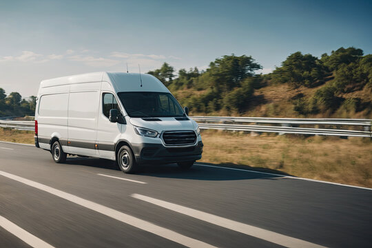 White modern delivery small shipment cargo courier van moving fast on motorway road to city urban suburb. Business distribution and logistics express service