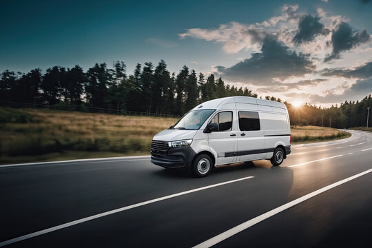 White modern delivery small shipment cargo courier van moving fast on motorway road to city urban suburb. Business distribution and logistics express service