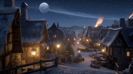 Animation of a shooting star in a village decorated generative ai