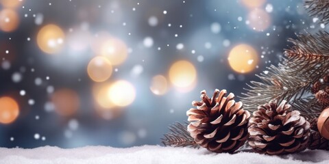 Fototapeta na wymiar Seasonal Decor with Generative AI: Christmas Tree, Gifts, and Pine Cones on Bokeh Gold Background