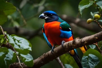 Naklejka premium blue-crowned trogon at a fruit tree.