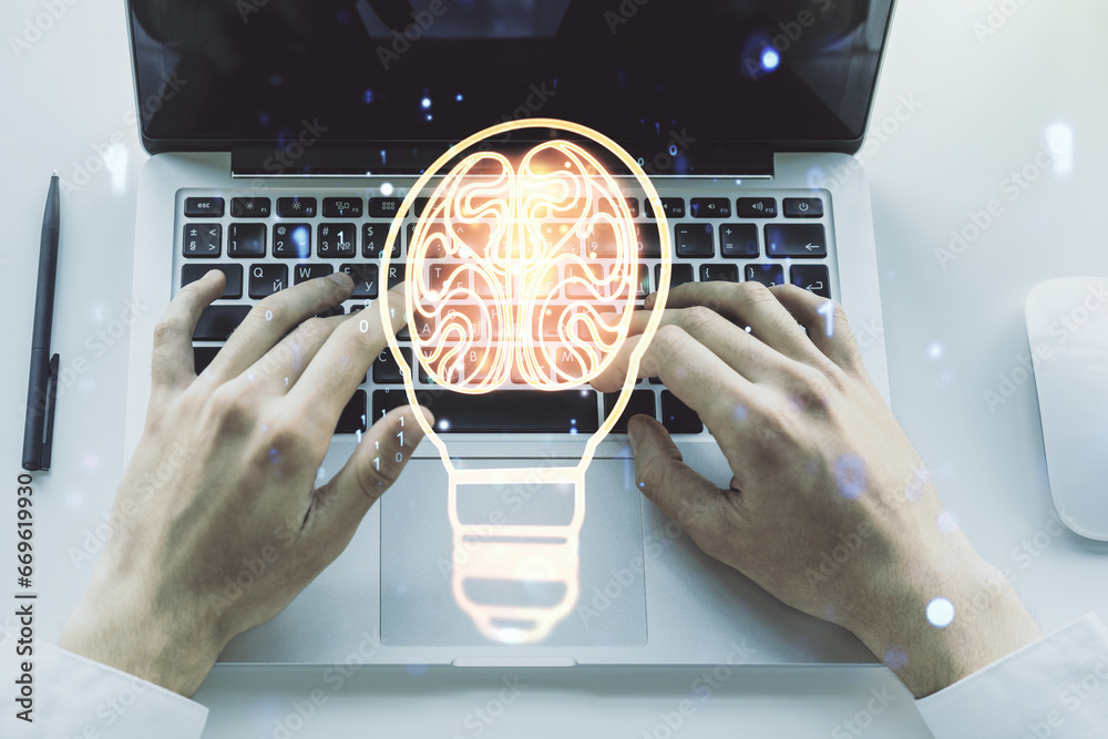 Poster double exposure of creative light bulb hologram with human brain and with hands typing on laptop on 
