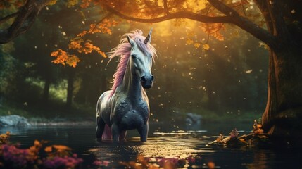 Obraz na płótnie Canvas as unicorn with one horn standing at the lake magic generative ai