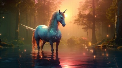 Obraz na płótnie Canvas as unicorn with one horn standing at the lake magic generative ai