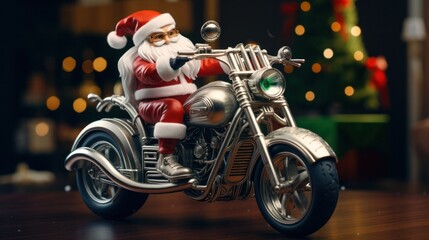 Whimsical Christmas Elf Riding Silver Motorcycle Chased by Adorable Christmas Bug on a Snowy Winter Day - Decorative Holiday Stock Image
