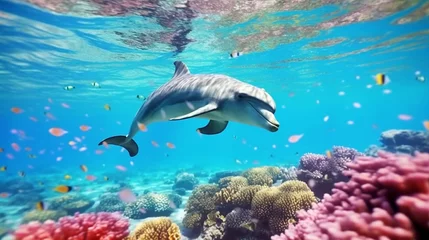 Keuken spatwand met foto beautiful dolphin swimming in a clear blue sea generative ai © Abonti