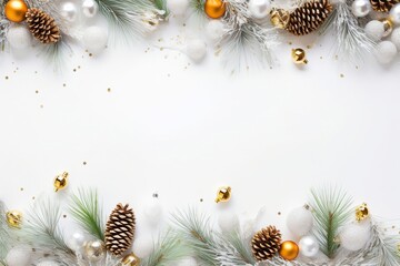 a luxury colorful christmas border with christmas brance, pine tree leaf, little lamps tumblr, white luxury metal background for flat lay, generative ai