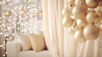 White and Gold Christmas Living Room with Curtains and Blurred Window: Festive Decor, Tree, Presents, and Glowing Lights