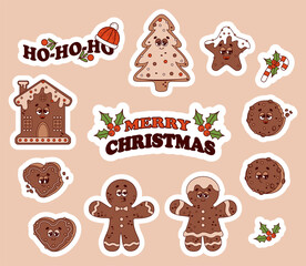 Christmas retro cartoon characters gingerbread stickers set. Gingerbread man and girl, house, xmas tree, star and cookies. Cool isolated vector elements in trendy groovy hippie style.