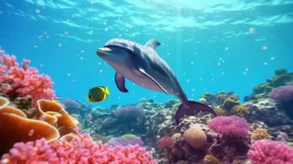 Fotobehang beautiful dolphin swimming in a clear blue sea generative ai © Abonti