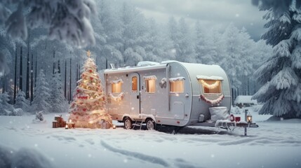 Winter Wonderland on Wheels: Festive RV adorned with Christmas Tree, Ski and Snowfall for Family Travel during Christmas and New Year