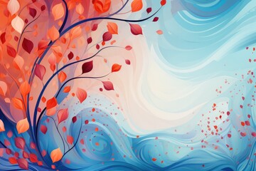 Happy 2024! Beautiful abstract background in clue, orange and red with leaves and hearts to symbolise the new year, fresh start!
