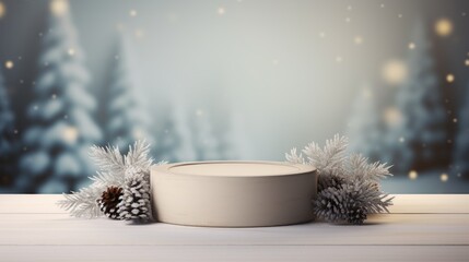 Christmas mockup product display podium, pines