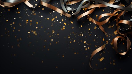 confetti and paper streamers flat lay style copy text, party invitation black copper