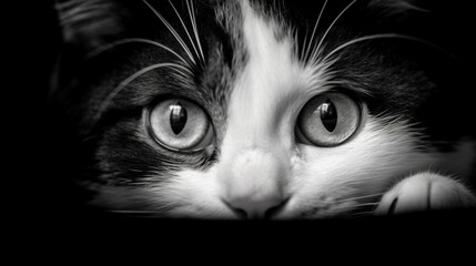 Black and white cute cat peeking around generative ai