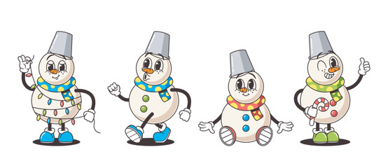 Retro Snowmen Characters, Sporting Carrot Noses, Bucket Hats, And Cozy Scarves, Exude Vintage Charm, Vector Illustration