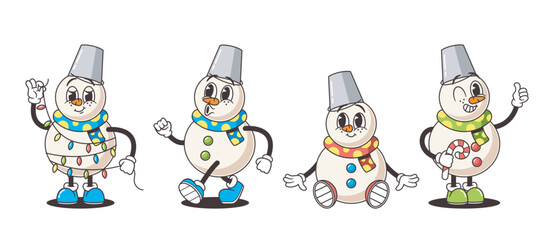Fototapeta premium Retro Snowmen Characters, Sporting Carrot Noses, Bucket Hats, And Cozy Scarves, Exude Vintage Charm, Vector Illustration