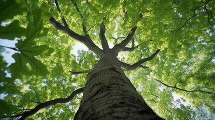 Bottom view along the trunk of the fresh green generative ai