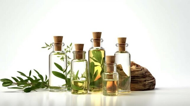Bottles of cosmetic oil with leaves and tree bark generative ai