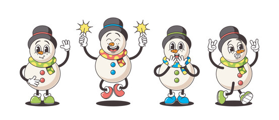 Fototapeta na wymiar Snowmen Characters In Nostalgic Retro Style, Exude Timeless Charm. Funny Groovy Winter Personages With Coal Eyes