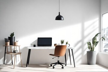 Interior of a modern home office with laptop against a white wall with copy space

