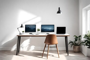 Interior of a modern home office with laptop against a white wall with copy space


