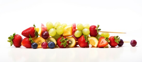 Create fruit skewers with apple strawberry and grape for a party