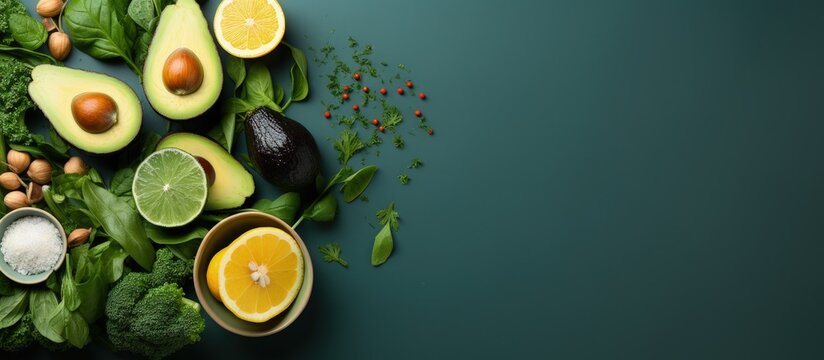 different foods with different vitamins and minerals, such as avocado, spinach, and eggs on a green background stock foto, in the style of innovative page design, minimalist backgrounds, avocadopunk, 