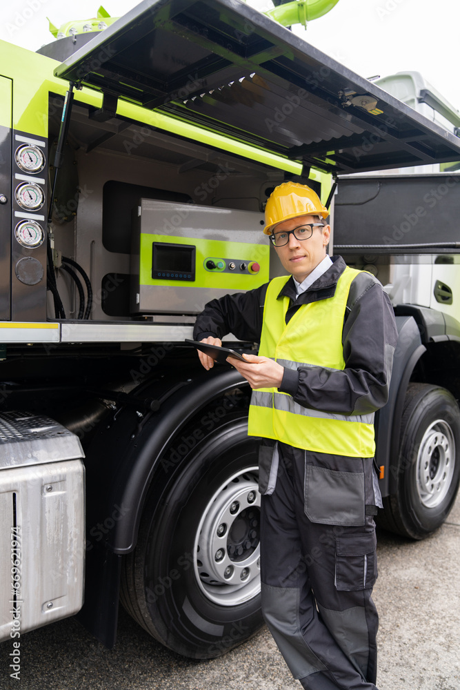 Poster worker with digital tablet operating construction machine equipment.