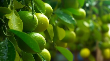 Close-up of sweet limes growing on tree generative ai