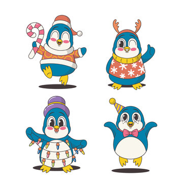 Adorable Christmas Penguin Characters With Rosy Cheeks, Santa Or Top Hats, And Scarves, Spreading Holiday Cheer