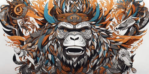 Spirit animals design inspired by tribal art and folklore, detailed spirit animals such as angry king Kong.