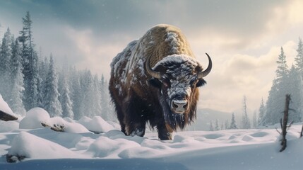 A bison covered in snow generative ai