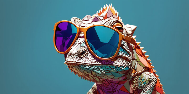Chameleon with sunglass a sleek and minimal appearance, set against a solid color background.