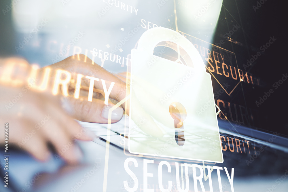 Poster Creative lock illustration with microcircuit and hands typing on computer keyboard on background, cyber security concept. Multiexposure