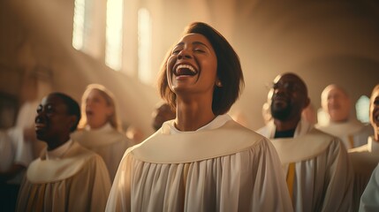 a church choir singing hymn with joy, showcasing the power of music in worship. generative AI - obrazy, fototapety, plakaty