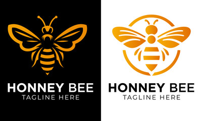 Honey bee logo design template with vector illustration. Flying honey bee icon symbol in line, flat, and color style. Vector illustration - obrazy, fototapety, plakaty