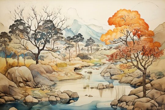 Artistic watercolor depicting a scenic landscape. Generative AI