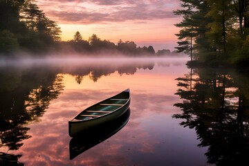 Dawn's Ethereal Glow on Tranquil Lake with Solitary Canoe Amidst Dense Tree Canopy