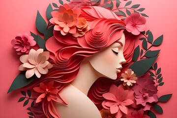 International Women's Day with frame of flower and leaves. Paper art style.