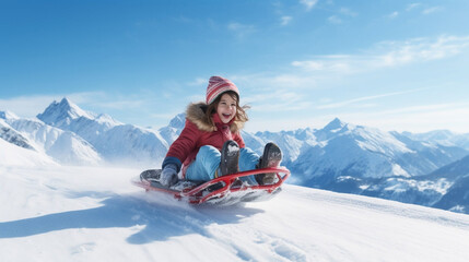 Fototapeta na wymiar copy space, stockphoto, Happy girl sledding outdoors on clear winter day in the alps. Winter activity in the alps, little girl sledding during winter time. Alpine sports. Cute girl playing in the snow